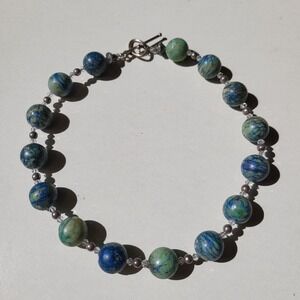 Chunky Vintage Beaded Stone Necklace Turquoise Blue Green Toggle Clasp Boho